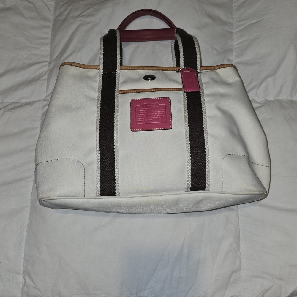 Coach White Tote with Black Straps and Pink Accents